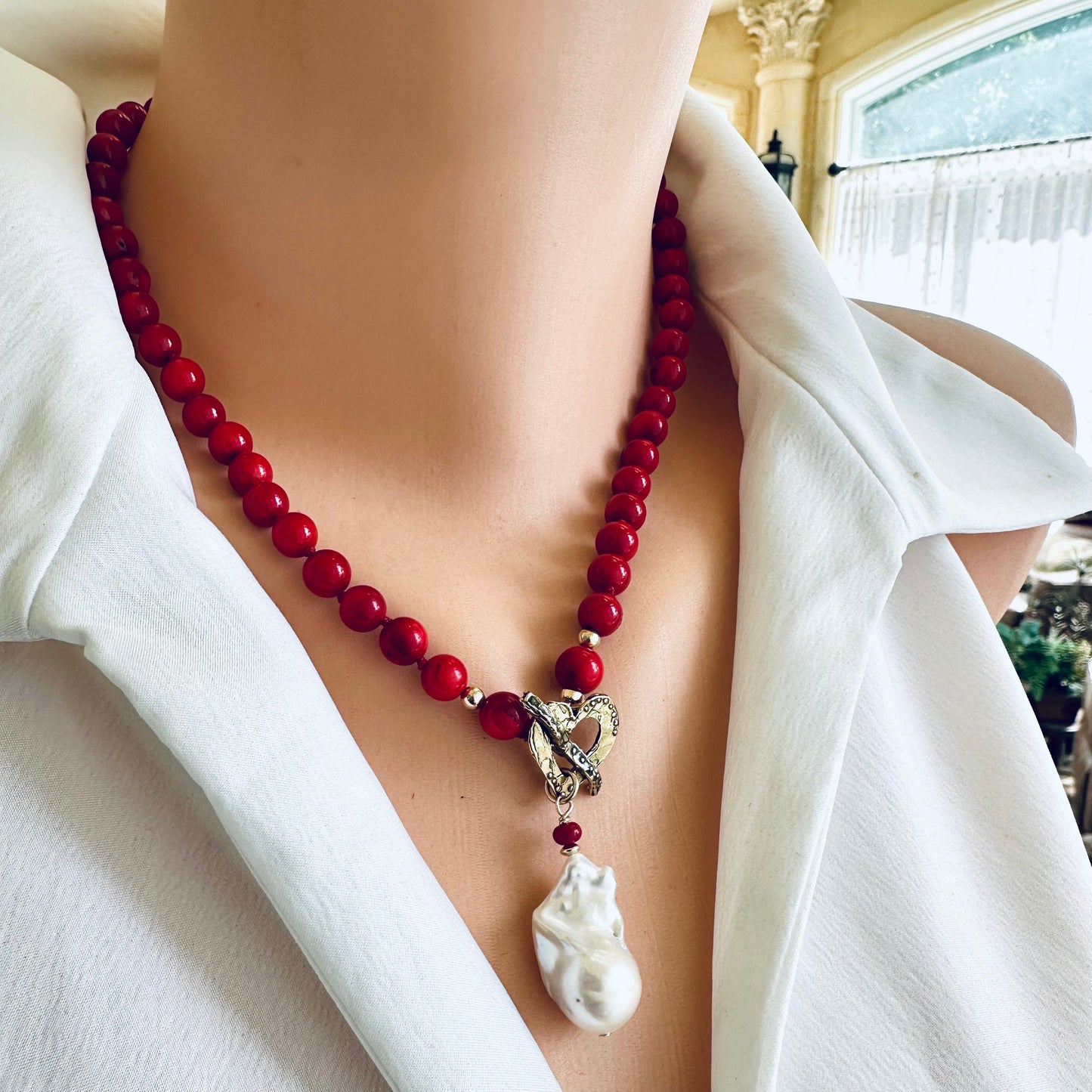 Red Bamboo Coral & White Baroque Pearl Toggle Necklace