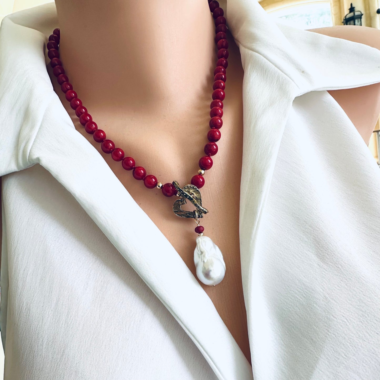 Red Bamboo Coral & White Baroque Pearl Toggle Necklace