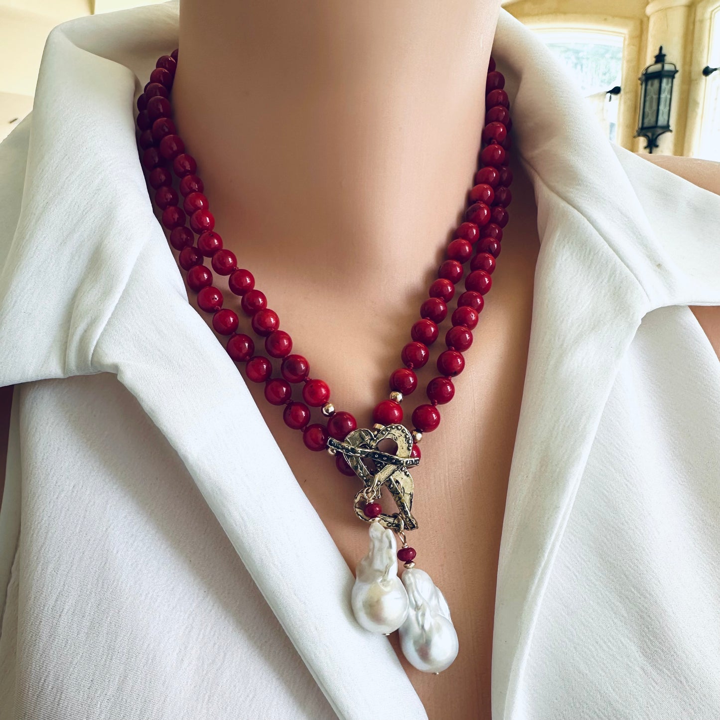 Red Bamboo Coral & White Baroque Pearl Toggle Necklace