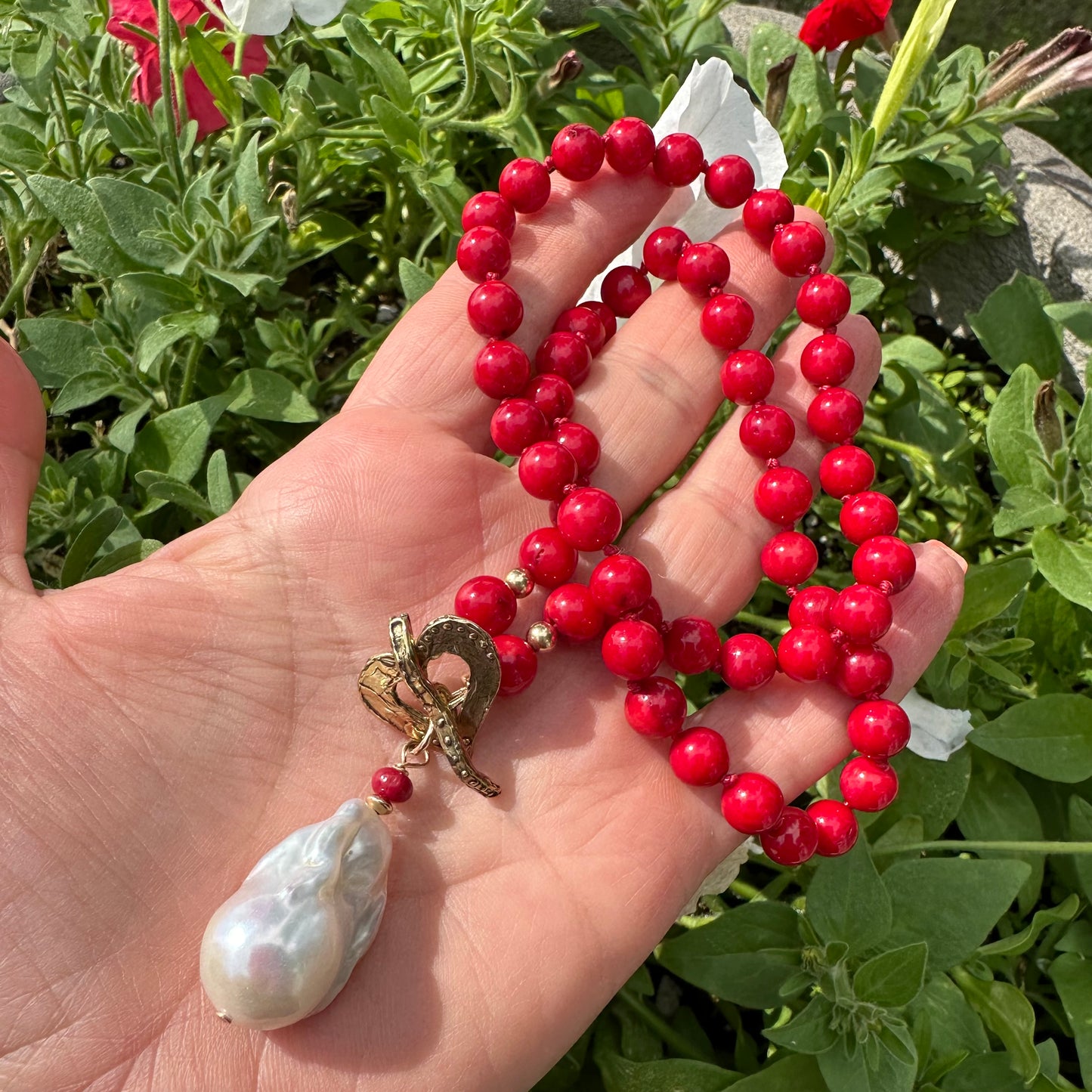 Red Bamboo Coral & White Baroque Pearl Toggle Necklace