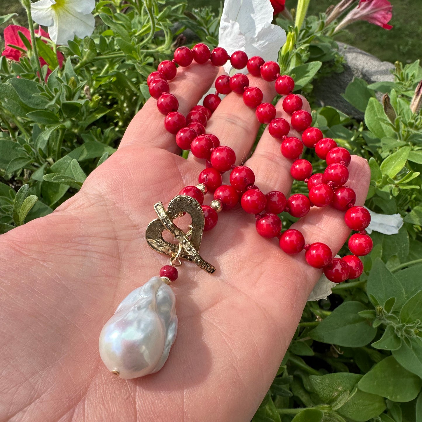 Red Bamboo Coral & White Baroque Pearl Toggle Necklace