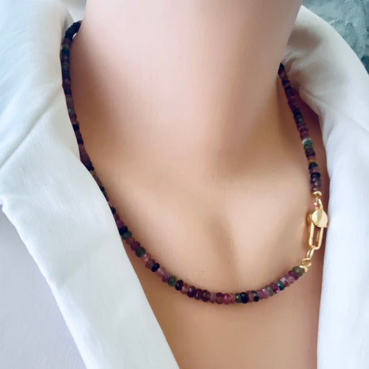 Watermelon tourmaline necklace worn on mannequin, side close-up
