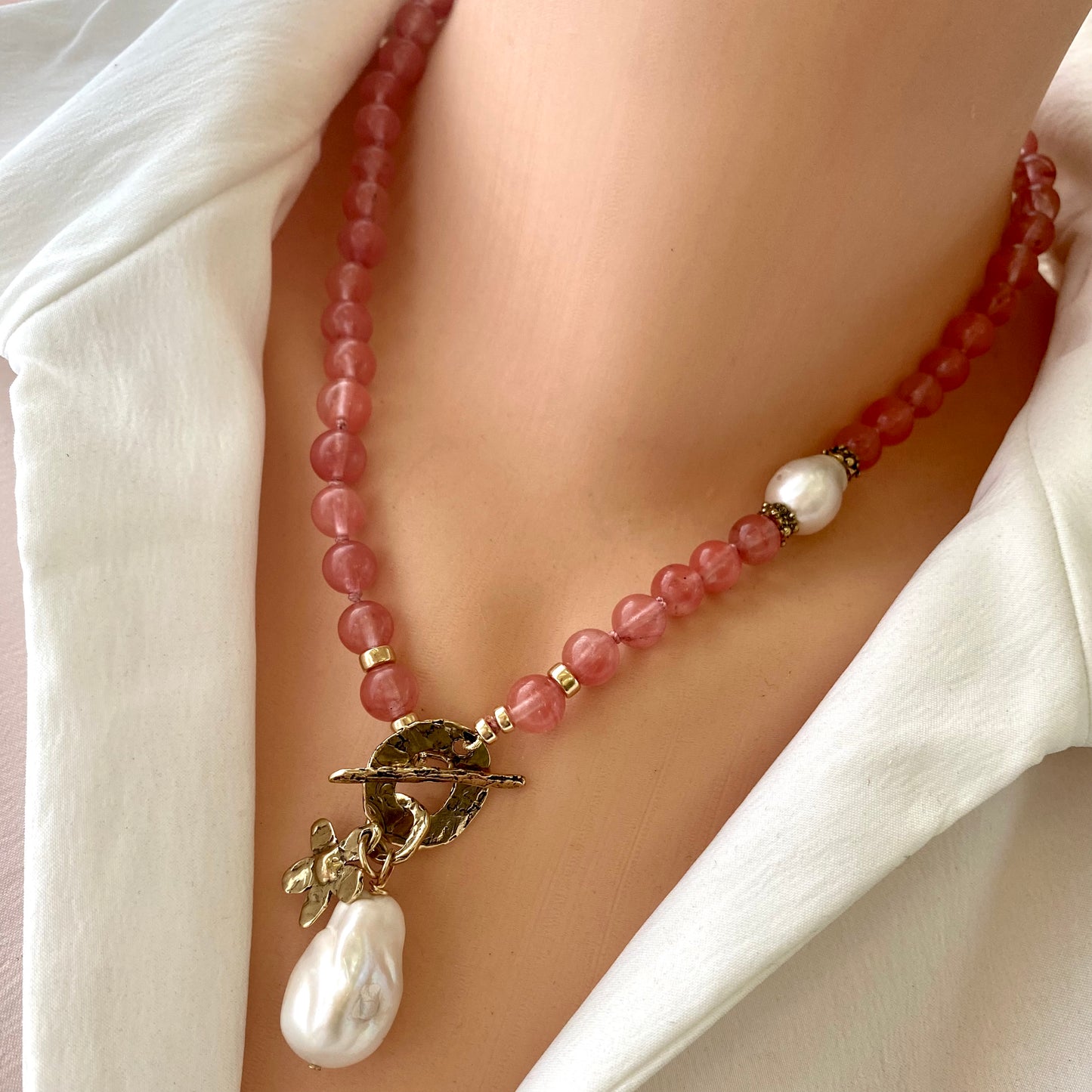 Cherry Quartz & Baroque Pearls Necklace