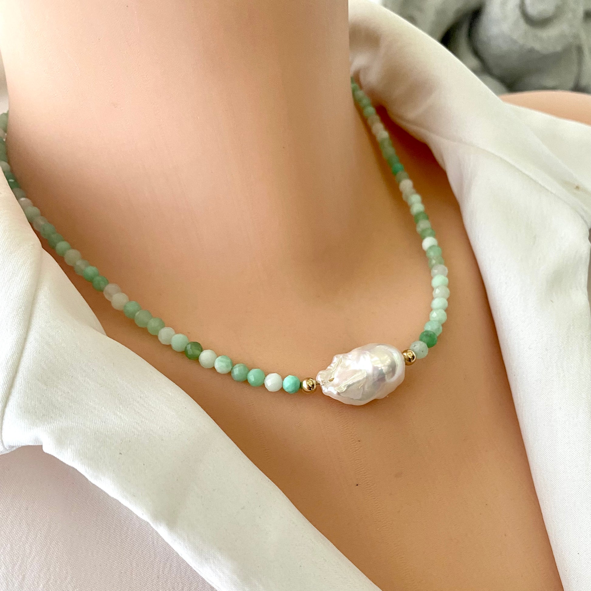 Chrysoprase Pearl Necklace with Baroque Pearl featuring vibrant green chrysoprase and a luminous freshwater pearl.