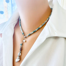 Charger l&#39;image dans la galerie, Light shaded blue Amazonite beaded necklace, Heart, pearl and seashell charms. Sterling Silver, 16&quot;inches long
