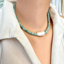Load image into Gallery viewer, Front view of amazonite and white baroque pearl necklace on mannequin showing sterling silver clasp
