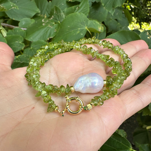 Baroque pearl peridot necklace with olive green peridot nuggets and large freshwater pearl handmade in Canada