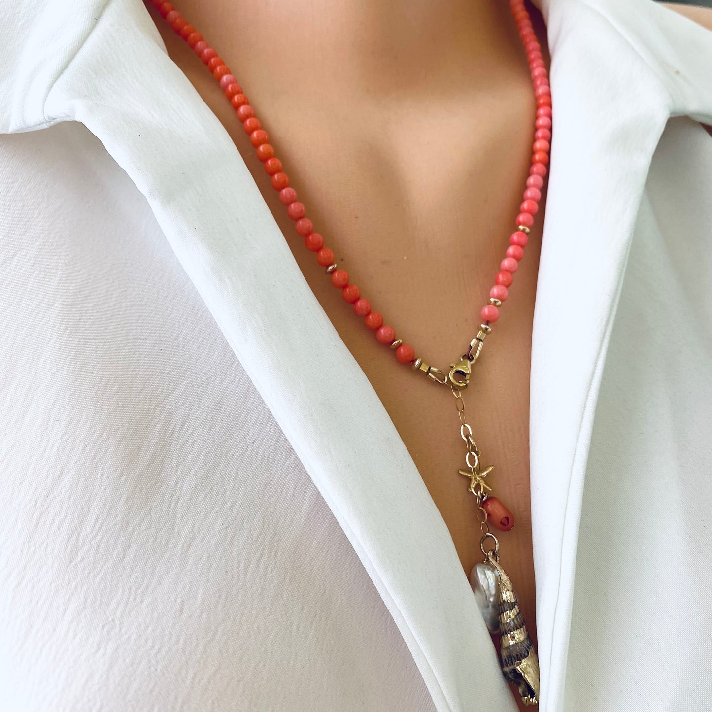 Pink Coral Necklace with a Tiny Starfish, Pearl & Shell Charm