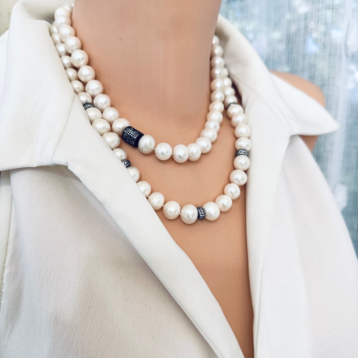 Pearl necklace with zircon pave beads, showcasing handcrafted elegance and natural lustre, perfect for any occasion.