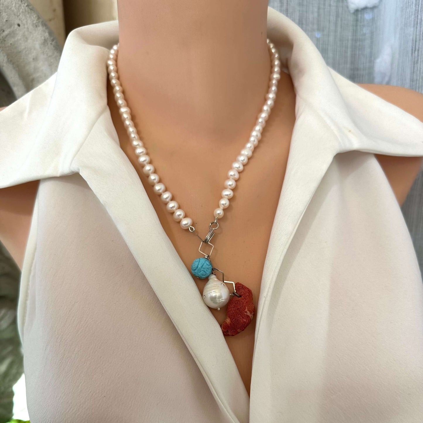 Pearl Necklace with Red Coral Pendant & Turquoise Charm