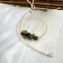 Load image into Gallery viewer, Double wrap pearl bracelet with green chrysoprase displayed on white cloth table
