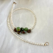 Load image into Gallery viewer, Detailed shot of double wrap pearl bracelet with green chrysoprase showing pearls and gold-filled clasp
