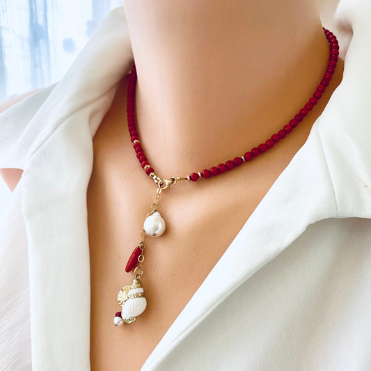 Red Coral Necklace with a tiny seashell & Pearl Pendant