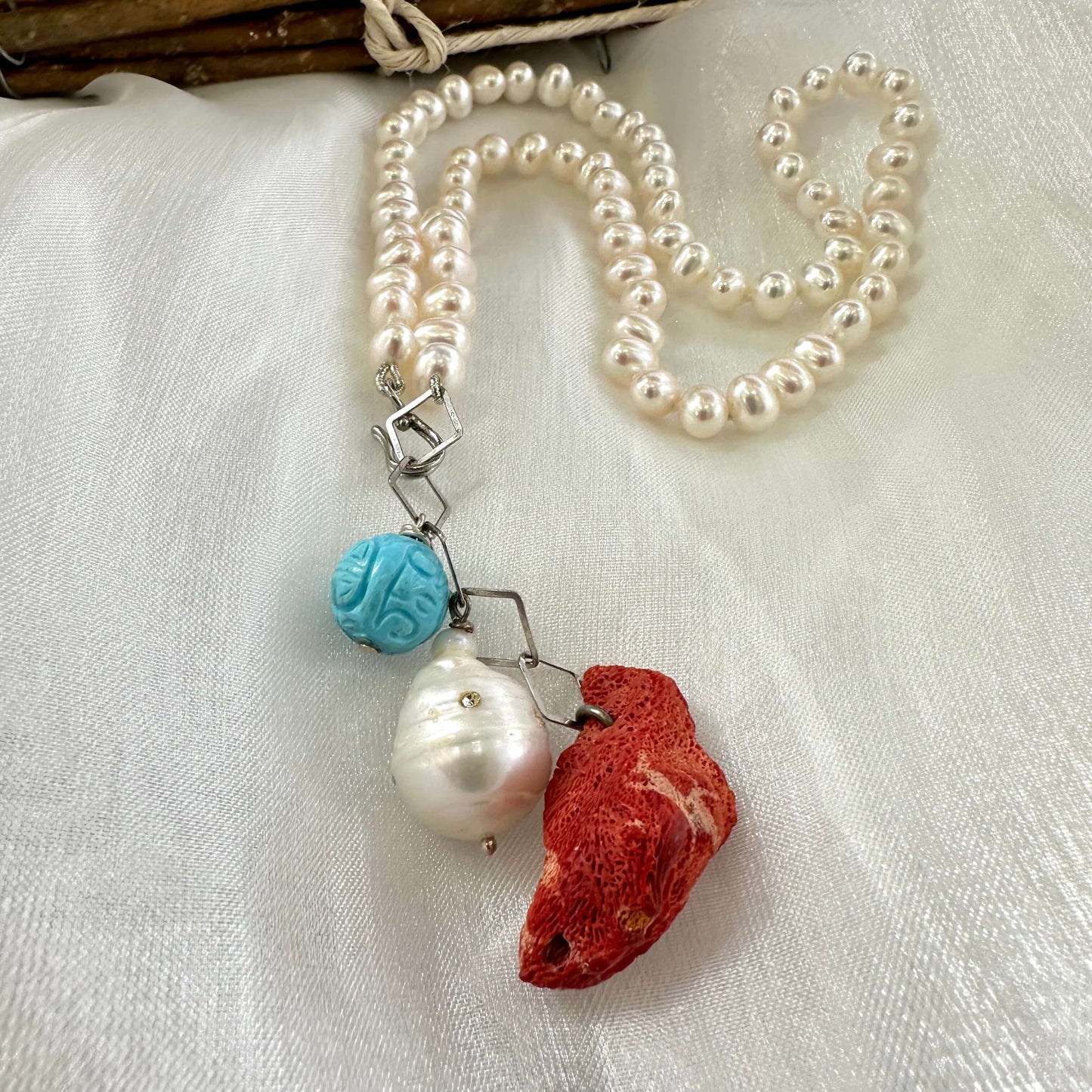 Pearl Necklace with Red Coral Pendant & Turquoise Charm