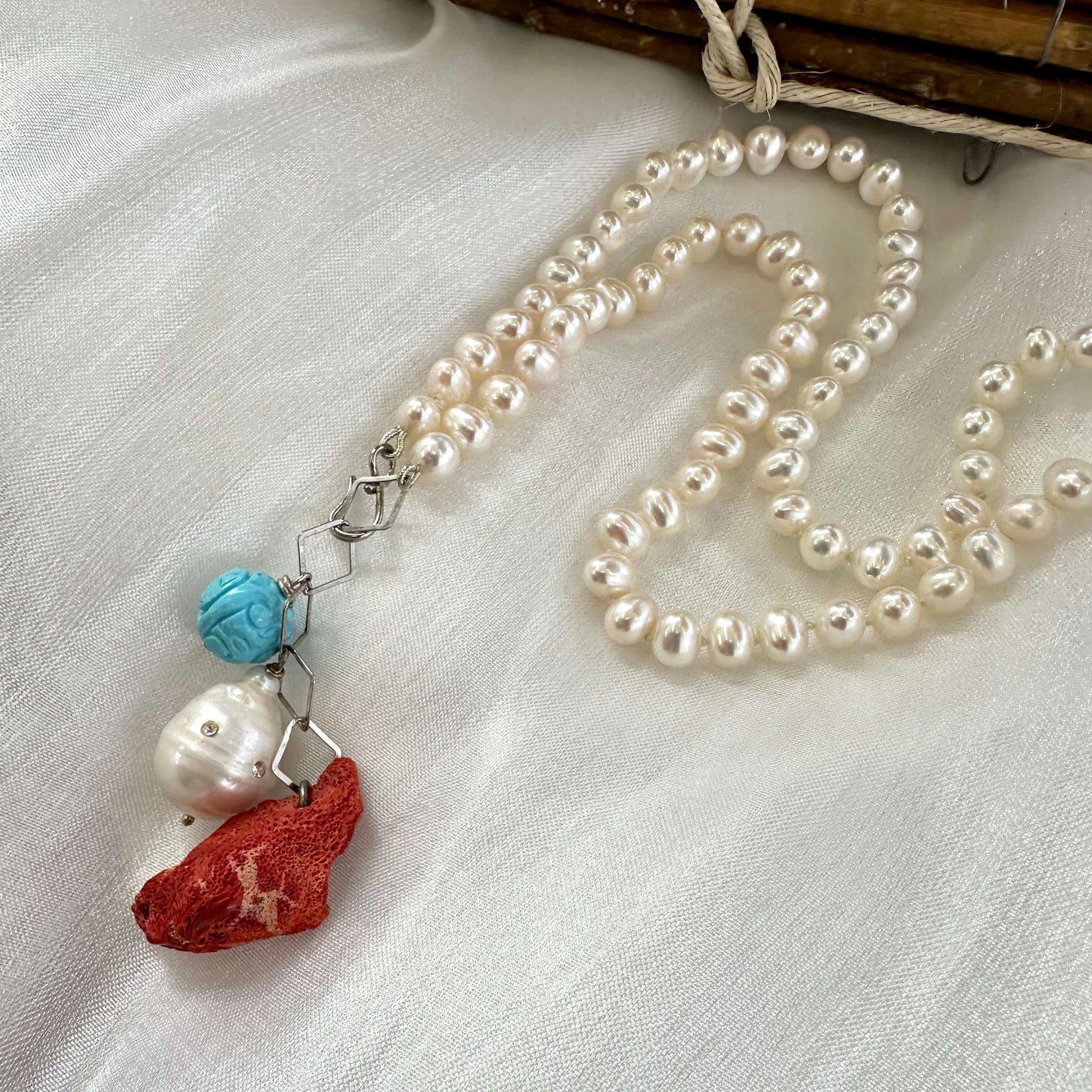 Pearl Necklace with Red Coral Pendant & Turquoise Charm