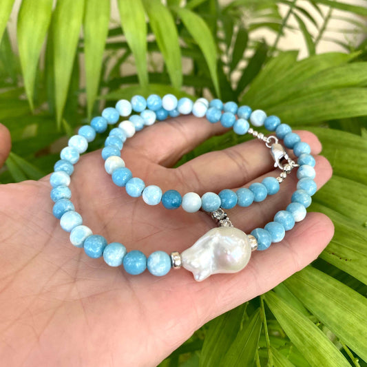 Larimar Like Quartz & Baroque Pearl Necklace
