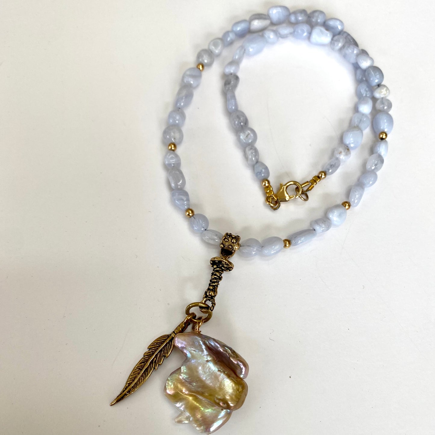 Blue lace agate pearl necklace with gold filled beads leaf charm and keshi baroque pearl pendant