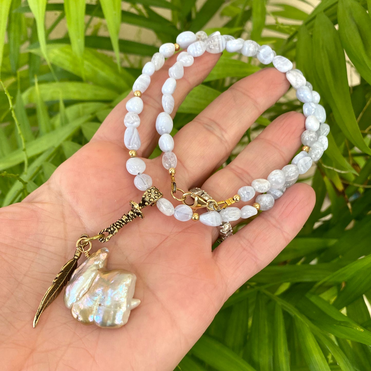 Blue lace agate pearl necklace with baroque agate beads and keshi pearl pendant handmade in Canada