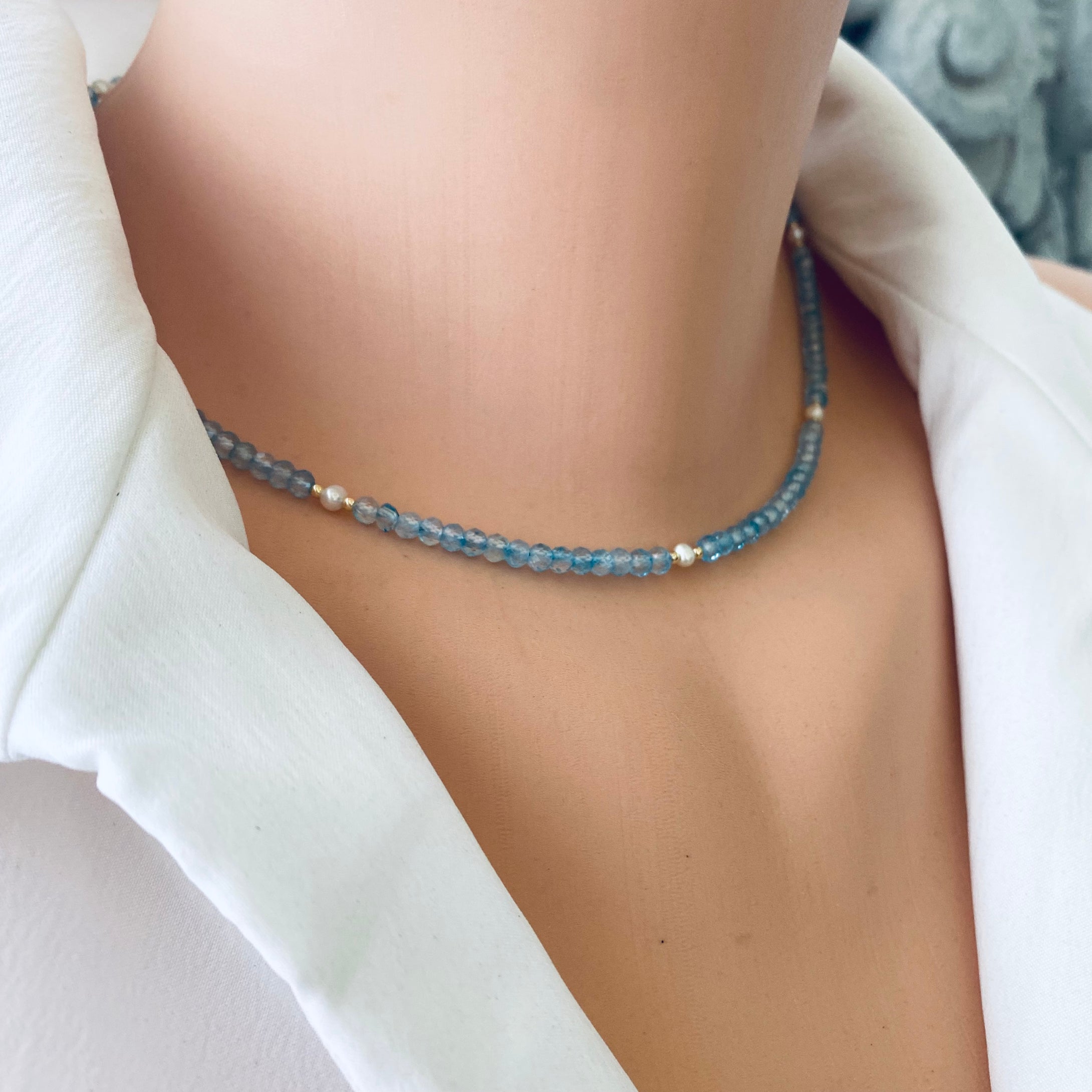 Blue Topaz & Pearl Choker Necklace, 14K GF