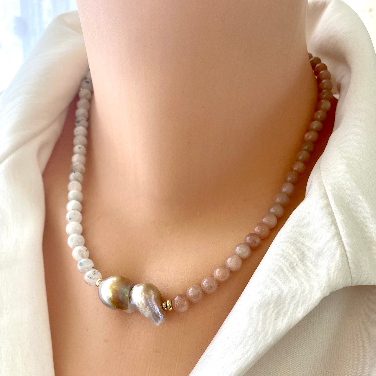 Sunstone, Moonstone & Lavender Baroque Pearl Necklace