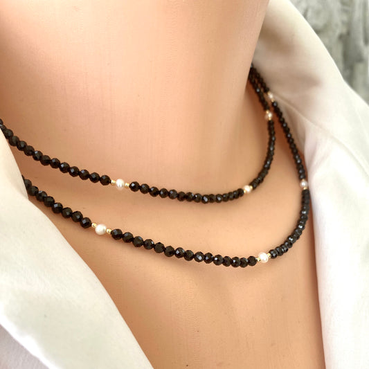 Double strand black spinel pearl choker necklace worn on mannequin
