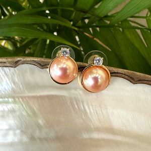 Golden Edison Mabe Pearl stud earrings with 10-11mm pearls, CZ accents, and gold vermeil-plated silver settings, perfect for minimalist and elegant style.