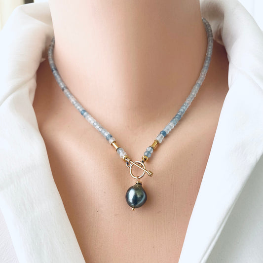 Aquamarine pearl pendant necklace with Tahitian baroque pearl worn on mannequin