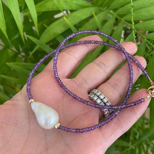 Purple amethyst baroque pearl necklace with faceted amethyst beads and natural white pearl