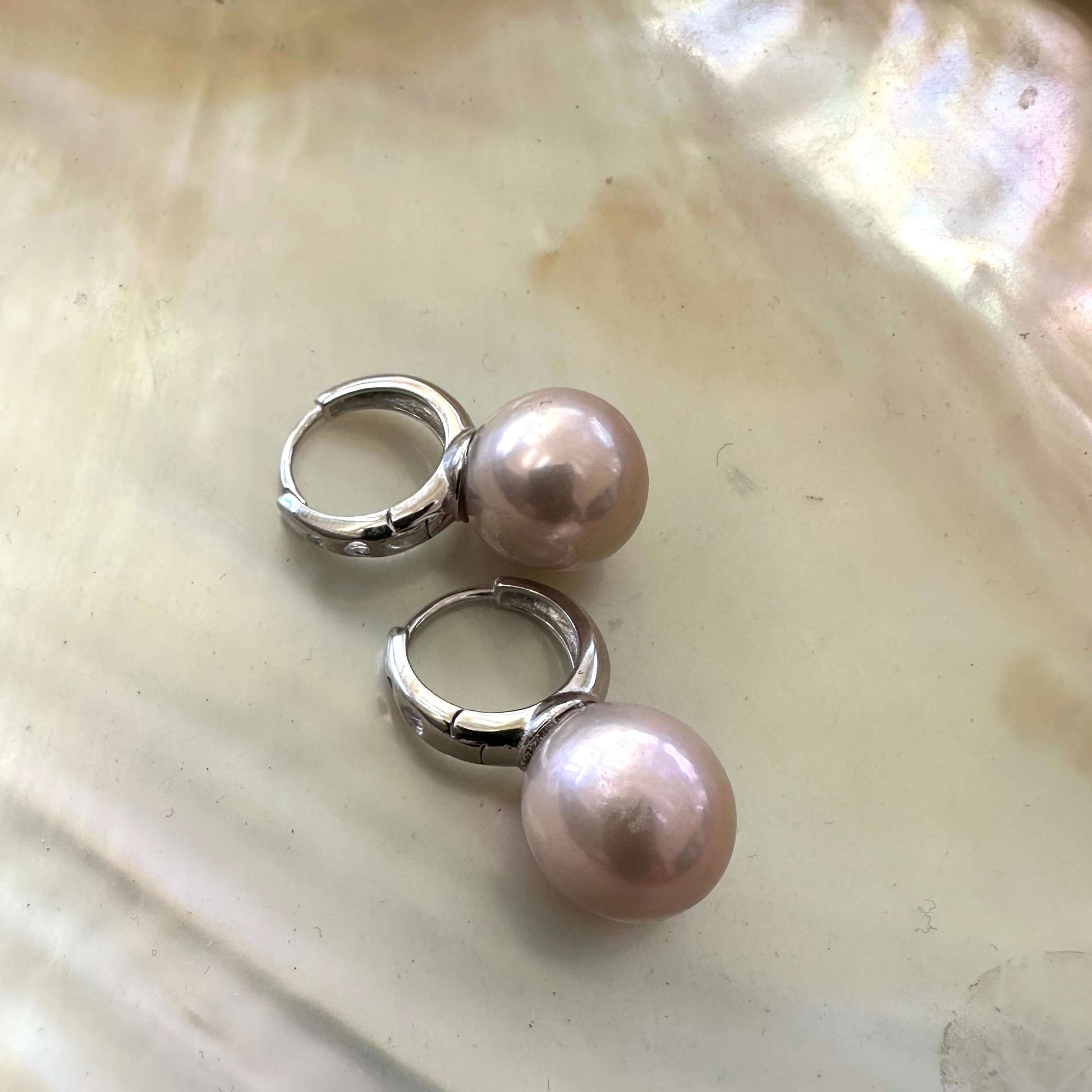 Light Pink Pearl Hoop Earrings – Edison Pearls, Silver featuring 13 mm blush Edison freshwater pearls.