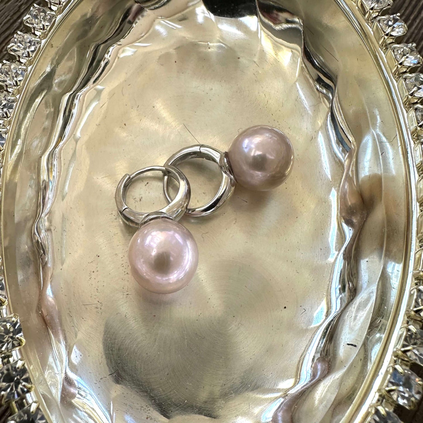 Light Pink Pearl Hoop Earrings – Edison Pearls, Silver on a decorative tray.