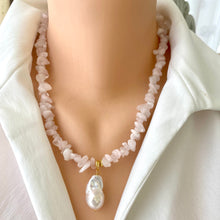 Load image into Gallery viewer, Rose quartz baroque pearl necklace featuring smooth pink nuggets and a luminous white Baroque pearl pendant.
