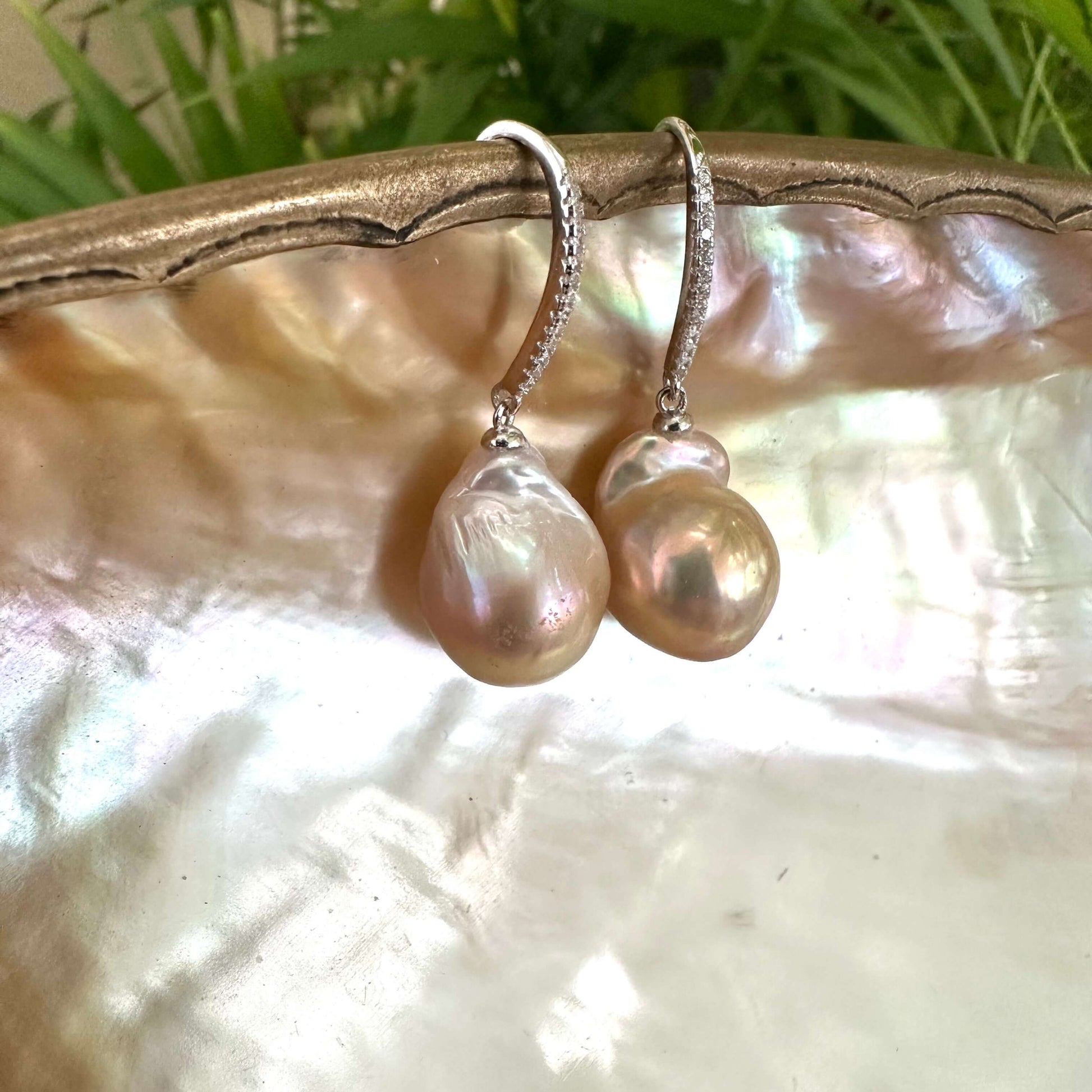 Golden pink baroque pearl dangle earrings hanging from white pearl shell, elegant handcrafted jewelry from Canada.