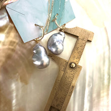 Charger l&#39;image dans la galerie, Grey Baroque Pearl Dangle Earrings, Cz Pave Gold Vermeil Plated Sterling Silver Hoops, Large Gray Freshwater Pearl Drop Earrings Pearls are 24mm long -drops 45mm approx
