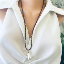 Load image into Gallery viewer, Red Garnet Baroque Pearl Necklace | Pendant Design showcasing a luminous Baroque pearl and garnet beads.
