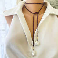 Red Garnet Lariat Necklace on model with long Y-drop and baroque pearl ends