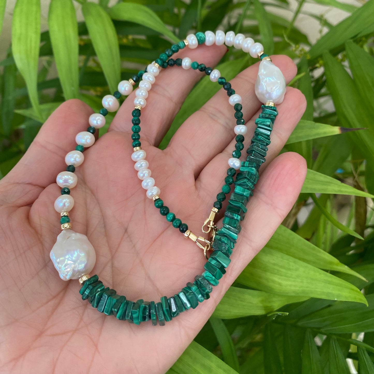 Malachite baroque pearl necklace in 14K gold filled, featuring asymmetric design with malachite beads and baroque pearls.