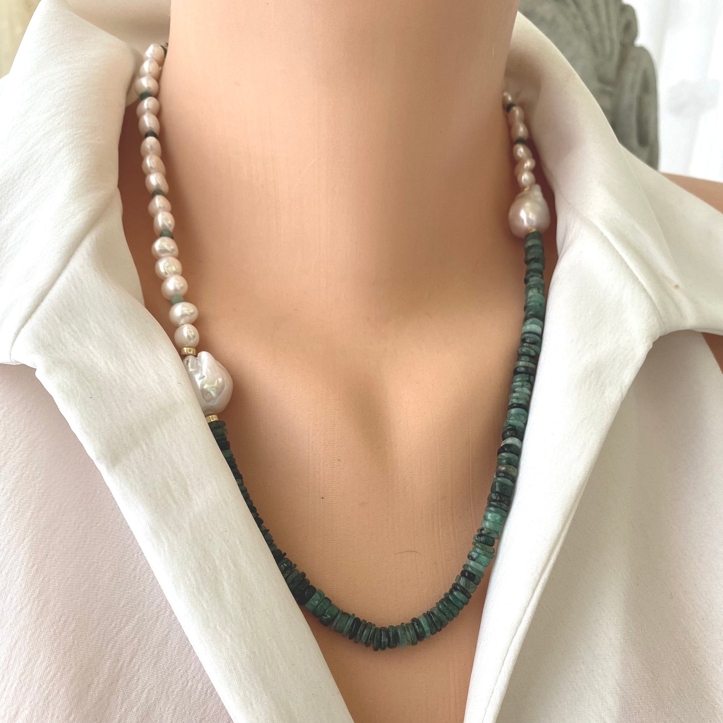 Emerald baroque pearl necklace showcasing emerald disk beads and baroque pearls, perfect asymmetric design.