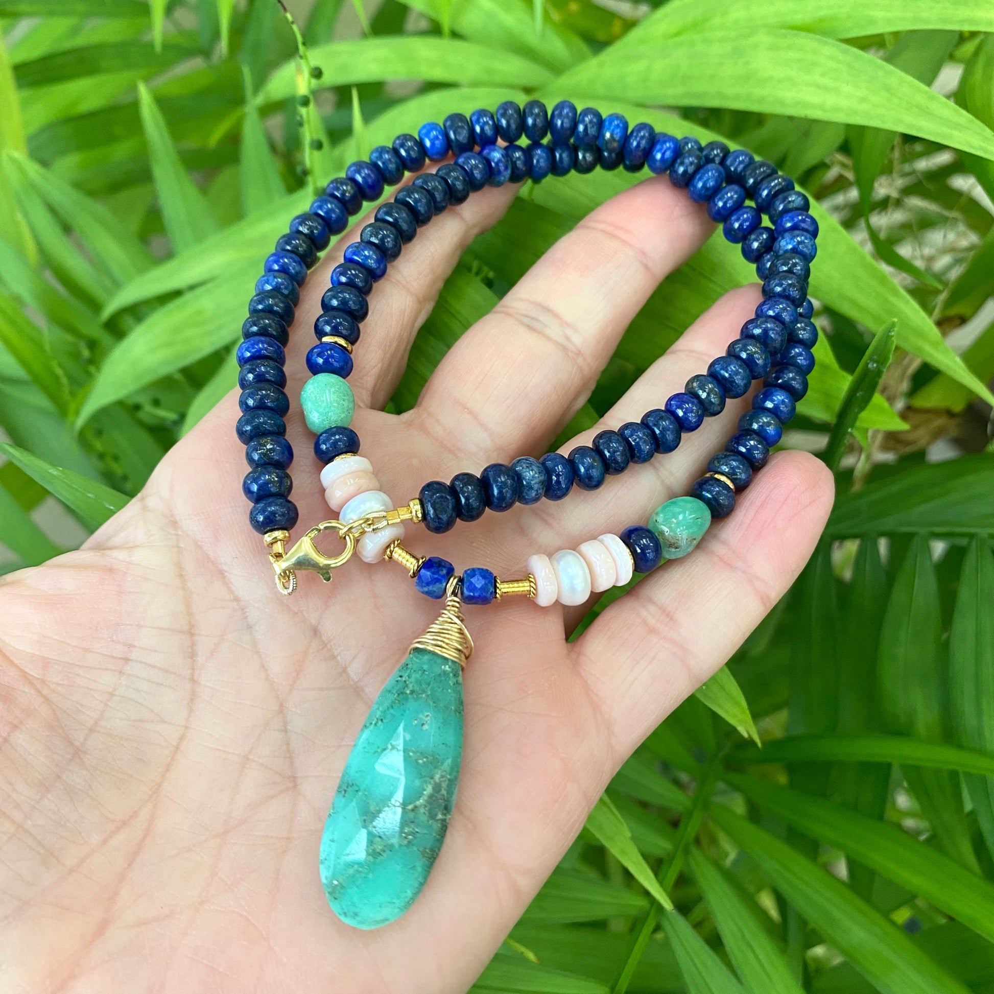 Lapis lazuli chrysoprase pink opal necklace handmade in Canada with natural gemstone beads