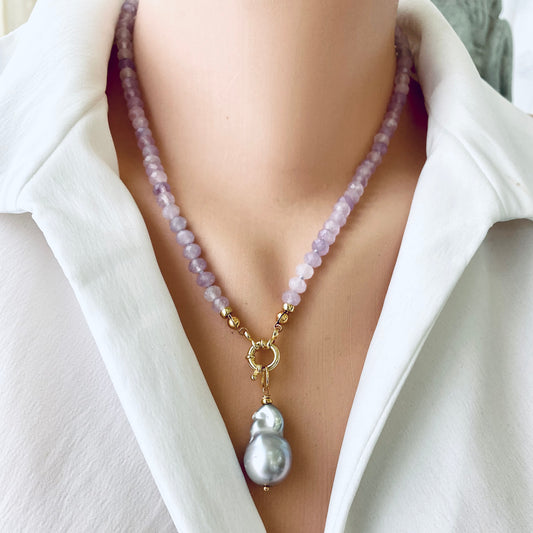 Lavender amethyst baroque pearl necklace with a baroque pearl pendant and faceted light-purple amethyst beads.