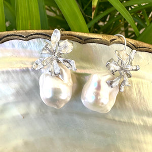 Flower Petals Design Baroque Pearl Drop Earrings, Gold or Silver