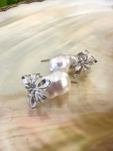 Flower Petals Design Baroque Pearl Drop Earrings, Gold or Silver
