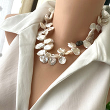 Load image into Gallery viewer, Large Petal Pearl Necklace, Bridal Pearl Necklace, Pave Diamonds Oxidized Silver, Wedding Jewelry, 17.5&quot;inches
