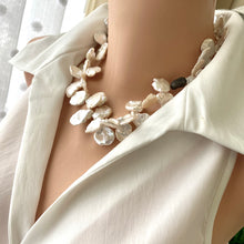 Load image into Gallery viewer, Large Petal Pearl Necklace, Bridal Pearl Necklace, Pave Diamonds Oxidized Silver, Wedding Jewelry, 17.5&quot;inches

