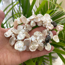 Load image into Gallery viewer, Large Petal Pearl Necklace, Bridal Pearl Necklace, Pave Diamonds Oxidized Silver, Wedding Jewelry, 17.5&quot;inches
