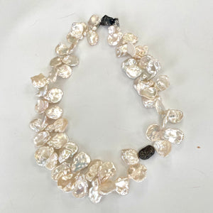 Large Petal Pearl Necklace, Bridal Pearl Necklace, Pave Diamonds Oxidized Silver, Wedding Jewelry, 17.5"inches