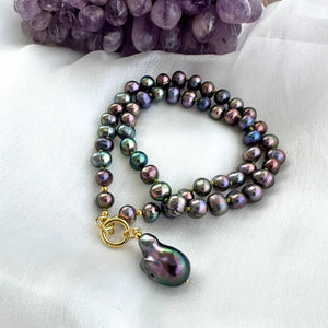 Peacock Black Pearl Necklace & Removable Baroque Pearl Pendant