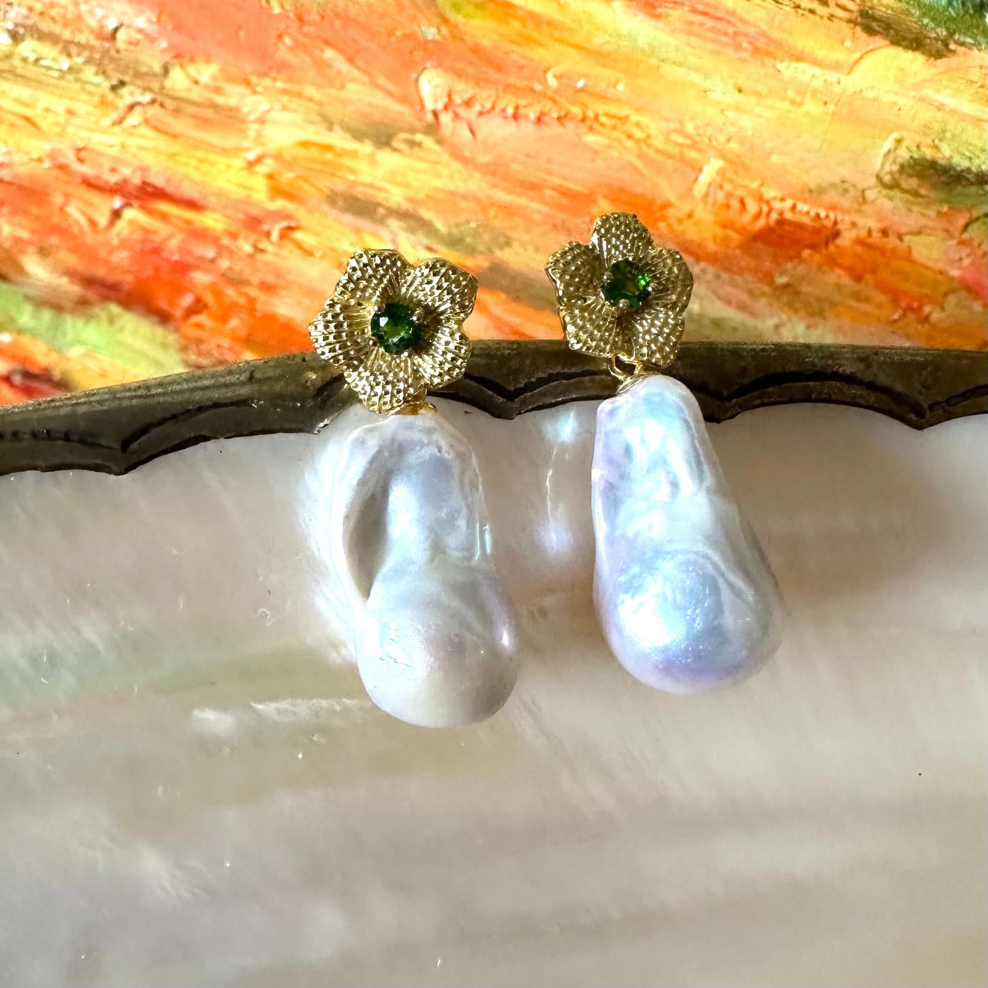 Chrome diopside pearl drop earrings in gold vermeil on white pearl and natural background