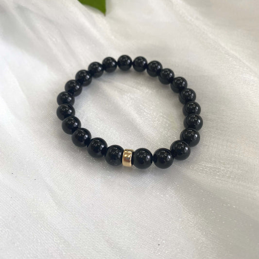 Black Tourmaline Bracelet – 8mm Beads with 14K Gold Filled accent, handcrafted design.