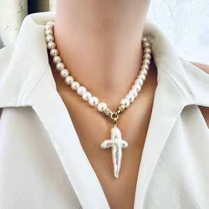 White Baroque Pearl Cross Pendant, Gold or Silver