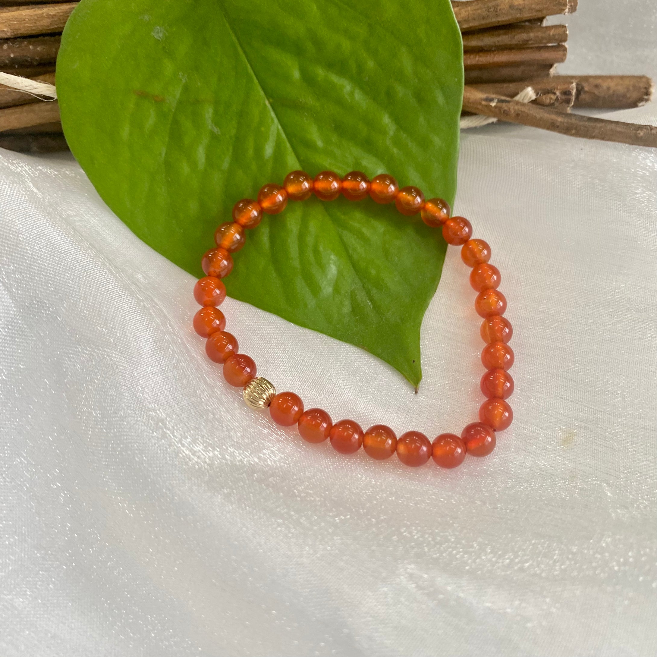 Bracelet extensible en cornaline orange avec perles de 6 ou 8 mm, 14 carats GF, 18 cm